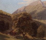 A mountainous landscape with a maid before a chalet in a valley